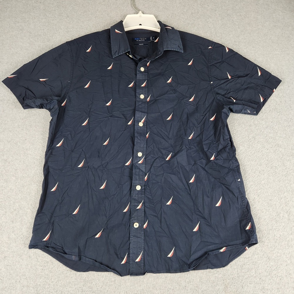 Navtech by Nautica Shirt Mens Medium Navy Blue Sailboat Print Stretch Button Up